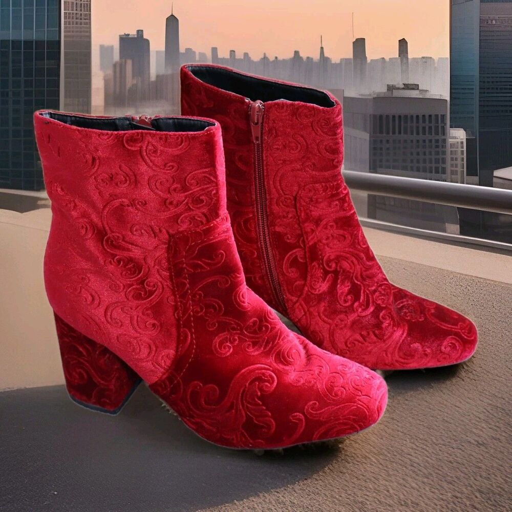 Rare Cherry Burgundy Booties Floral Velvet Crush Red Sz 8.5 W Shoe Dazzle
